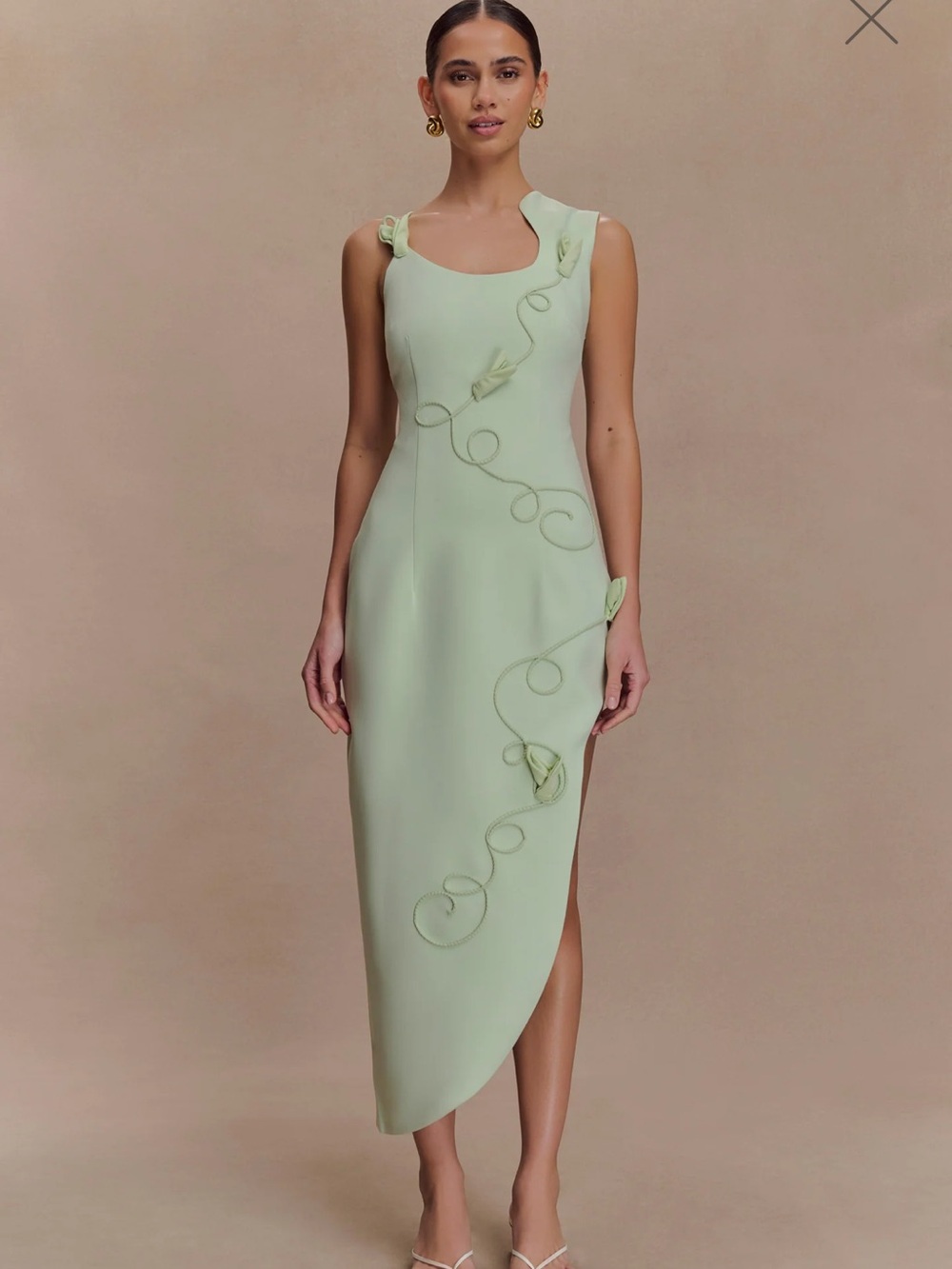 Meshki Light Sage Midi Dress with Vine Appliqué
